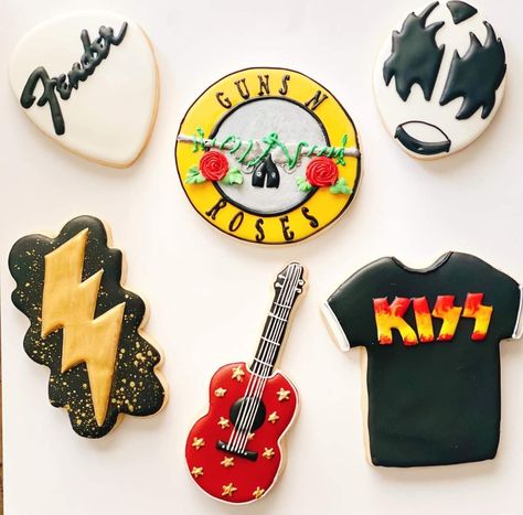 Rock And Roll Cookies, Music Cookies, Rock Guitar, Birthday Cookies, Icing Cookies, Cookie Designs, Royal Icing Cookies, Custom Cookies, Decorated Cookies