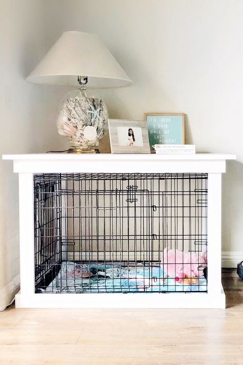 This DIY Dog Crate Furniture Piece Is Easy to Make and Surprisingly Chic.  ##CoolCanine  #HotGiftsforDogLovers   #DogRooms #DogRoomsinHouse   #DogRoomsinHouseBedrooms  #DogRoomsunderTheStairs  #DogRoomsinHouseIdeas Large Dog Crate Small Space, Furniture Dog Crate Plans, Covering Dog Crate Ideas, Build Around Dog Crate, Diy Sunroom Furniture, How To Make A Dog Kennel Look Better, Diy Wood Dog Crate Cover, Dog Crate Dresser, Ikea Hack Dog Crate