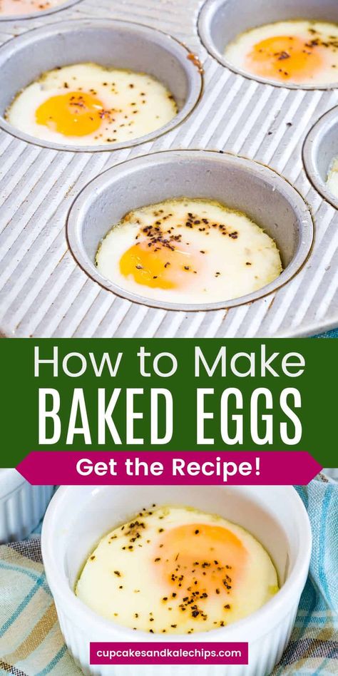 Baked Eggs - Learn how to bake eggs in the oven for a healthy breakfast that’s ready in minutes! Make them for an easy, high-protein meal or snack or to add to breakfast sandwiches, eggs benedict, avocado toast, and more! Great for meal prep! Bake Eggs, Eggs In The Oven, Ramekin Dessert, Quick Breakfast Sandwich, Oven Baked Eggs, Banana Zucchini Muffins, Slow Cooker Oatmeal, Healthy Breakfast Idea, English Muffin Recipes