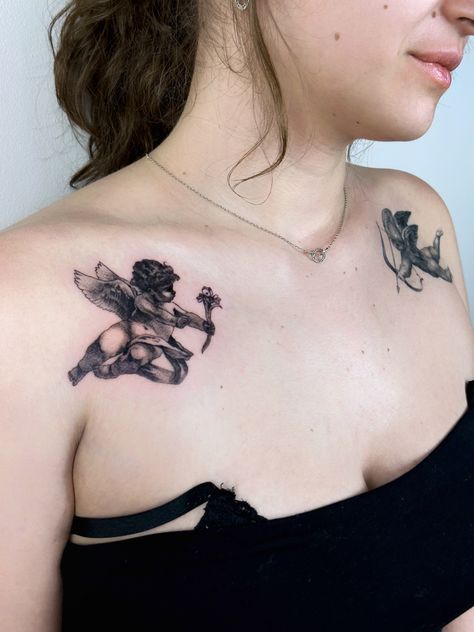 baby, baby angel, baby angel tattoo, cupid, cupid tattoo, amor, putto, matching tattoo, matching tattoos, aesthetic tattoo, microrealism, realistic tattoo, cute tattoo, tattoo for girls, small tattoo, blackwork, black ink, dotwork, pepper shading, fineline, wings tattoo, chest tattoo, collarbone tattoo, arm tattoo, shoulder tattoo, best realistic tattoos, cutest tattoos, best tattoos for girls, witchy tattoo, astrology tattoo, witchcraft, drawing, sketch, cute child, flying angel, angels, bow Baby Cupid Tattoo, Evil Cherub Tattoo, Fem Tattoos, Tattoo Claims, Tattoo Composition, Butterfly Ankle Tattoos, Pelvic Tattoos, Collar Tattoo, Baby Angel Tattoo