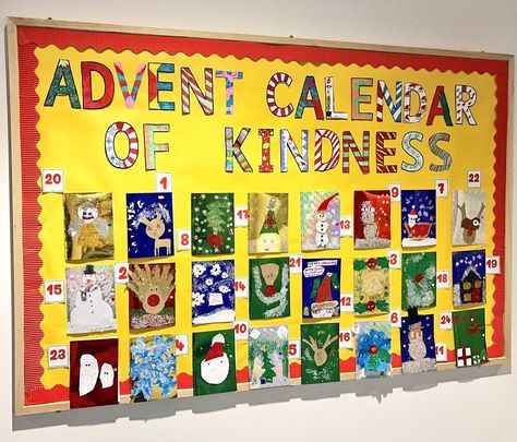 Mrs Ramsay 🌈🍎📚 Primary Teacher on Instagram: “The Advent Calendar of Kindness - 24 days of inspirational messages for the rest of the school behind the doors! One of my favourite…” Advent Calendar Doors, Advent Calendar Bulletin Board Ideas, Kindergarten Advent Calendar, Advent Calendar Classroom Ideas, School Advent Calendar Ideas, Christmas Wall Display School, Class Advent Calendar Ideas, Class Advent Calendar, Advent Calendar Preschool