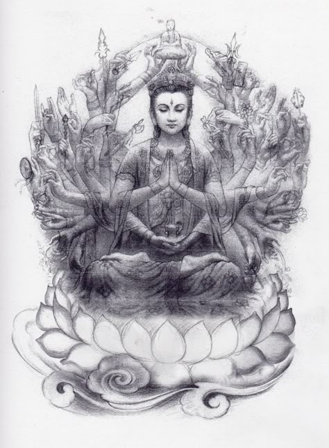 Thousand Hand Guan Yin Sketch Quan Yin Tattoo, Thousand Hands Buddha, Guishan Guanyin, Guan Yin Bodhisattva, Goddess Of Mercy Guanyin, Guanyin Goddesses, Ganesh Tattoo, Buddha Drawing, Bodhisattva Guanyin