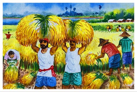 Farmer Painting Ideas, Farmer Drawing Easy, Farmers Drawing, Subject Drawing, Farmer Painting, Village Scene Drawing, Village Background, Easy Scenery Drawing, Village Scenery