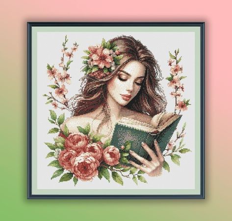 Watercolor Floral Bookworm Girl Counted Cross Stitch PDF Pattern, Modern Cross Stitch Chart, Hand Embroidery - Etsy Embroidery Patterns Vintage, Pattern Modern, Cross Stitch Fabric, Modern Cross, Modern Cross Stitch, Cross Stitch Chart, Watercolor Floral, Counted Cross Stitch, Le Point