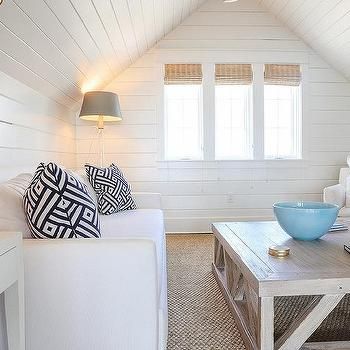 Tongue And Groove Ceiling Design Ideas Attic Family Room, White Linen Sofa, Groove Ceiling, Nailhead Sofa, Tongue And Groove Walls, Ceiling Design Ideas, Attic Bedroom Designs, Tongue And Groove Panelling, Tongue And Groove Ceiling