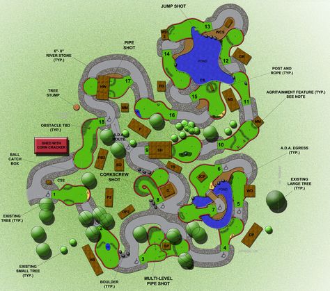 18 Hole Miniature Golf Course Design with theme elements Miniature Golf Course Ideas, Mini Golf Course Themes, Disc Golf Courses Design, Mini Golf Course Design, Outdoor Mini Golf, Golf Course Design, Giant Outdoor Games, Mini Putt, Golf Card Game