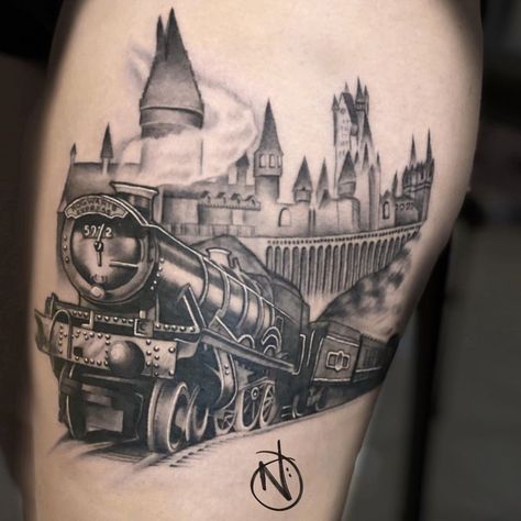 Harry Potter Train Tattoo, Hogwarts Express Tattoo, Harry Potter Castle Tattoo, Hufflepuff Tattoo, Harry Potter Tattoo Sleeve, Train Tattoo, Hogwarts Tattoo, Hogwarts Train, Harry Potter Train