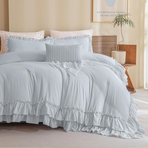 PRICES MAY VARY. 【Luxury Ruffled Comforter Set King】 QSH light blue shabby boho chic comforter set king size for bed brings you a comfortable feeling at your bedding time. Our ruffle bedding comforter sets not only makes the whole bedding look more stylish, but also can enhance the sense of your entire room. It is worth mentioning that our double ruffles are sewn by hand, not by machine. That’s why our comforter set is more delicate than other normal comforters. 【Light Blue Farmhouse Bedding Kin Light Blue Farmhouse, Boho Chic Bedding, French Country Bedding, King Size Comforter, Blue Farmhouse, Country Bedding, House Light, Blue Comforter, Bedding Comforter