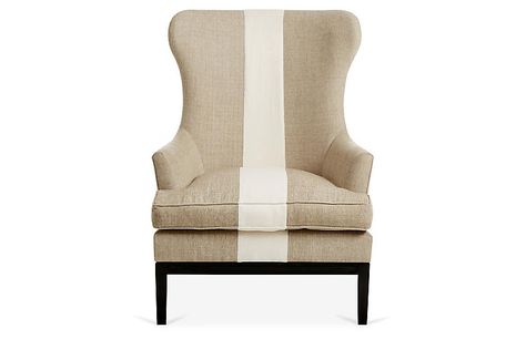 Calhoun Wingback Chair, Tan/Ivory Stripe - Wingback Chairs - Chairs - Living Room - Furniture | One Kings Lane Small Wingback Chair, Stripe Furniture, Blue Room Ideas, Beige Accent Chair, Striped Furniture, Modern Wingback Chairs, Ivory Chair, High Back Armchair, Wingback Chairs