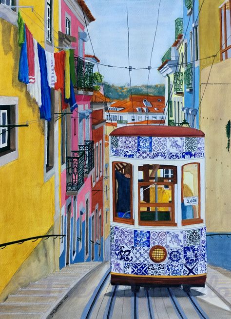 Lisbon Watercolor, Flower Sketch, Portuguese Tiles, Travel Illustration, Art And Illustration, Vintage Travel Posters, Artwork Painting, Lisbon, Art Pictures