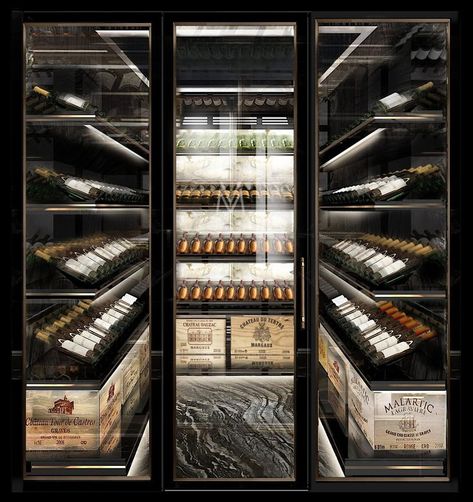 Walk-in Wine Room Vinomagna Wine Display Design, Gloss Ceiling, Steyn City, Wine Cellar Modern, Dining Room Feature Wall, Wine Cellar Wall, Contemporary Wine Cellar, Wine Room Design, Custom Wine Room