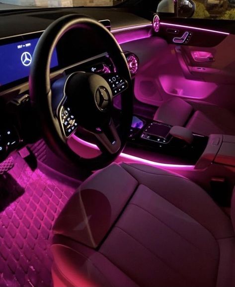 Pink Car Interior, Hot Pink Cars, Mercedes Interior, Pink Cars, Cars Aesthetic, Girly Car Accessories, Dream Cars Mercedes, Purple Car, Cool Car Accessories