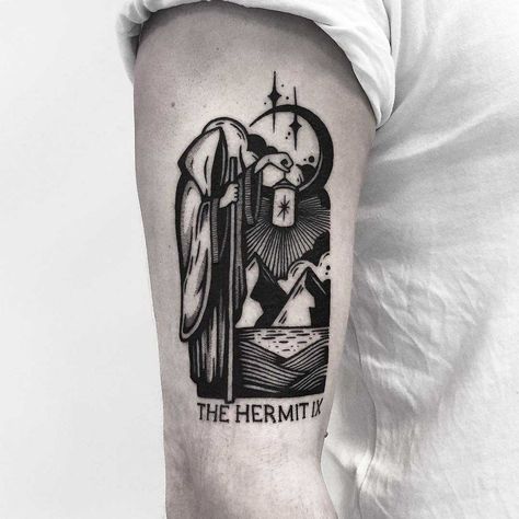 The Hermit tarot card tattoo by Pulled Poltergeist - Tattoogrid.net Hermit Card Tattoo, The Hermit Tarot Card Tattoo, Hermit Tarot Card Tattoo, The Hermit Tattoo, Hermit Tattoo, Tattoo Wedding Bands, Him Tattoo, Tarot Tattoos, The Hermit Tarot Card