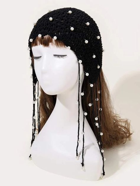 Faux Pearl Decor Knit Hat | SHEIN USA Black Crochet Hat, Turban Cap, Princess Hat, Crochet Hat For Women, Crochet Business, Kawaii Crochet, Wool Caps, Pearl Decor, Crochet Fashion Patterns