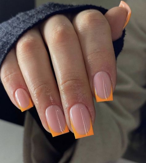 Peach Orange French Tip Nails, Short Square Orange French Tips, Short Orange Tip Nails, Short French Tip Acrylic Nails Orange, Orange French Tip Short Nails, French Nail Orange, Yellow And Coral Nails, Minimalist Nails Orange, Orange Square French Tip Nails