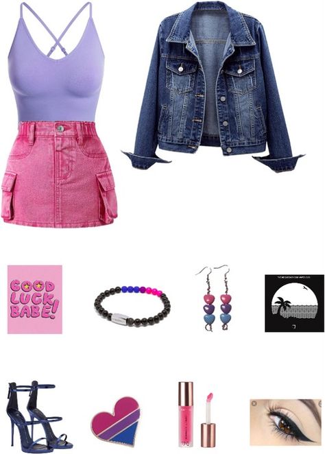 BISEXUAL PRIDE🩷💜💙 Outfit | ShopLook Bisexual Pride Outfit Ideas, Bi Pride Outfit Ideas, Bisexual Aesthetic Outfit, Bisexual Outfits Style, Bisexual Outfits, Bisexual Fashion, Rave Concert, Pink Denim Skirt, Distressed Jean Jacket