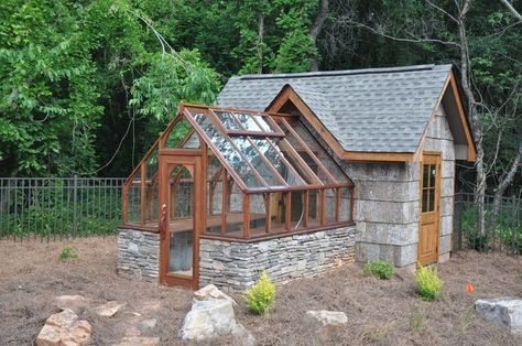 This Tudor greenhouse is attached to the house at the gable end and has a stone base providing thermal mass Greenhouse Pictures, Greenhouse Shed, A Small House, Wooden Greenhouses, Backyard Greenhouse, Building A Chicken Coop, Greenhouse Plans, Diy Greenhouse, Garden Greenhouse