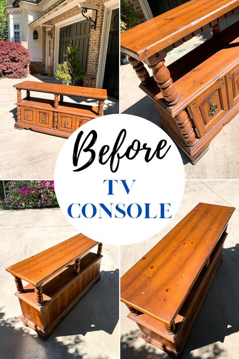 Tv Console Makeover, Console Makeover, Painted Tv Stand, Wooden Tv Console, Tv Stand Makeover, Door Redo, Caulk Paint, Thrifted Furniture, Budget Makeover