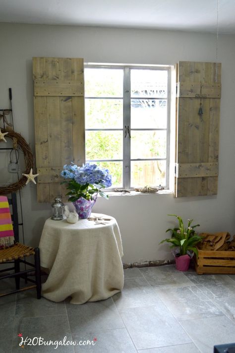 Build your own set of old world inspired wood shutters. Finish raw wood with an aging product and you have a realistic vintage appeal on a DIY budget! Good tutorial. www.H2OBungalow.com #woodworking #powertoolproject Inside Shutters, Diy Wood Shutters, Pallet Upcycling, Shutters Inside, Mexican Bathroom, Indoor Shutters, Interior Design Degree, Outdoor Shutters, Diy Shutters