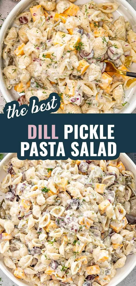 Looking for a refreshing and flavorful side dish? Try this Dill Pickle Pasta Salad! Packed with crunchy pickles, cheddar cheese, and a zesty dressing, it's perfect for summer barbecues and picnics. #DillPicklePastaSalad #PastaSalad #SummerRecipes #PicnicFood #BBQSideDishes #EasyRecipes Pickle Pasta Salad Recipe, Pickle Pasta Salad, Pickle Pasta, Dill Pickle Pasta Salad, Creamy Pasta Salads, Averie Cooks, Easy Pasta Salad Recipe, Creamy Dressing, Best Pasta Salad