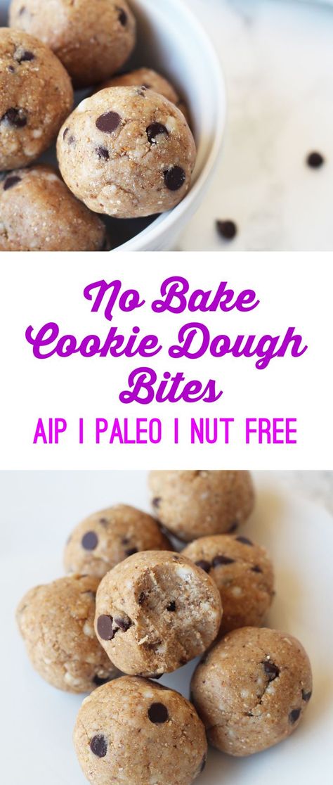 No-Bake Cookie Dough Bites (AIP, Paleo, Nut Free) - Unbound Wellness Autoimmune Protocol Diet Recipes, Aip Diet Recipes, Autoimmune Protocol Recipes, Aip Snack, Unbound Wellness, Autoimmune Protocol Diet, Weight Watcher Desserts, Autoimmune Paleo Diet, No Bake Cookie