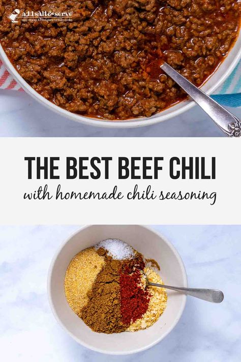 The best beef chili recipe is full of ground beef, homemade seasoning, and tomato sauce. No beans in this rich Terlingua-style chili! No Bean Beef Chili Recipes, No Bean Beef Chili, Best Chili Recipe No Beans, Homemade No Bean Chili Recipe, Beef Chili Recipe No Beans, Chili Bean Seasoning Recipe, Homemade Chili No Beans, Best Homemade Chili Recipe Beef, Homemade Chili Recipe No Beans