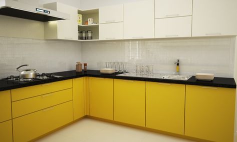 A simple kitchen design for a middle-class family in India with bright colours is enough to draw attention. Corner Kitchen Cabinet Storage, Kitchen Cabinet Storage Ideas, Modern L Shaped Kitchens, Cabinet Storage Ideas, L Shaped Modular Kitchen, L Shaped Kitchen Designs, Open Kitchen Cabinets, Colour Kitchen, Modular Kitchen Interior