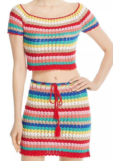 Stripe Crochet Top, Crochet Cropped Top, Multicolor Crochet, Stripe Crochet, Crop Tops Online, Crochet Fabric, Dress Crochet, Crop Top Skirt, Wildfox Couture