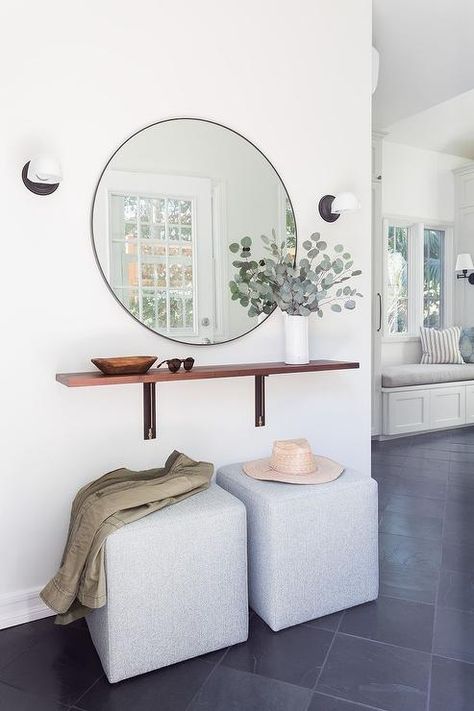 Wooden Entry Table, Foyer Table Decor Entryway, Foyer Table Decor, Blue Console Table, Gray Tiles, Brass Brackets, White Wainscoting, White Console Table, Farmhouse Console Table