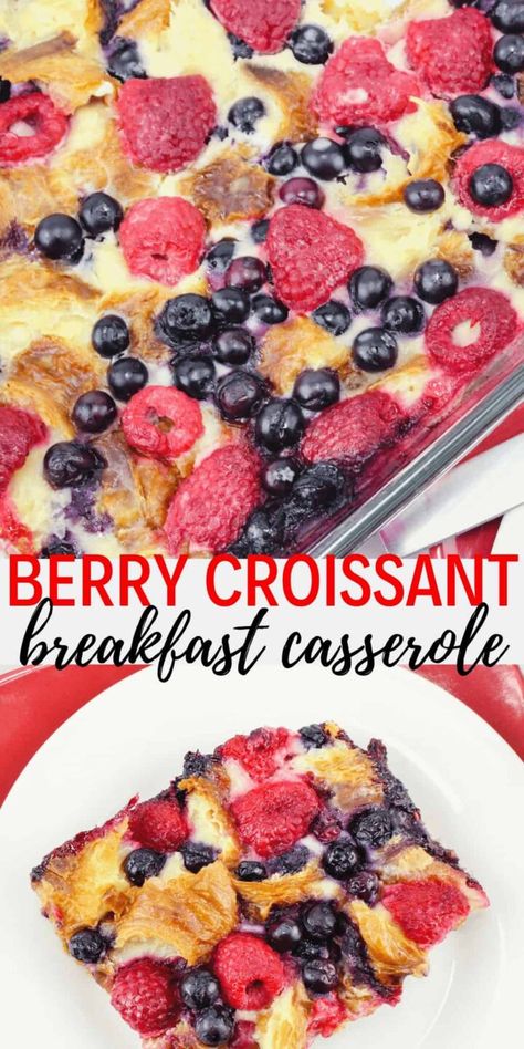 Made with fresh raspberries and blueberries, the Berry Croissant Breakfast Casserole Recipe can be used as a dessert and even makes a great breakfast on Christmas morning. #Breakfast #ChristmasMorning #Casserole #EasyEveryDayRecipes #DineDreamDiscover Sweet Breakfast Casserole, Christmas Morning Breakfast Casserole, Croissant Breakfast Casserole, Raspberry Breakfast, Morning Christmas, Breakfast Casserole Recipe, Strawberry Breakfast, Baked Breakfast Recipes, Serving Ideas