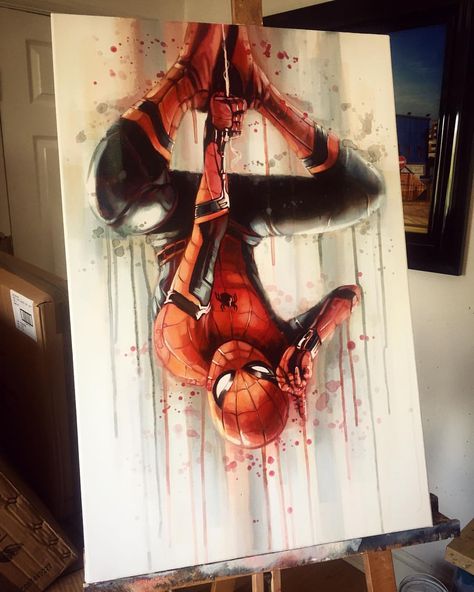 NEW- 'Spidey'😀 20"x30" original oil and acrylic on canvas. #spiderman #spidermanhomecoming #tomholland #superhero #art #artist #oil… Avengers Painting, Spiderman Canvas, Spiderman Painting, Avengers Drawings, Marvel Paintings, Joker Artwork, Artwork Watercolor, Astronaut Art, Marvel Drawings