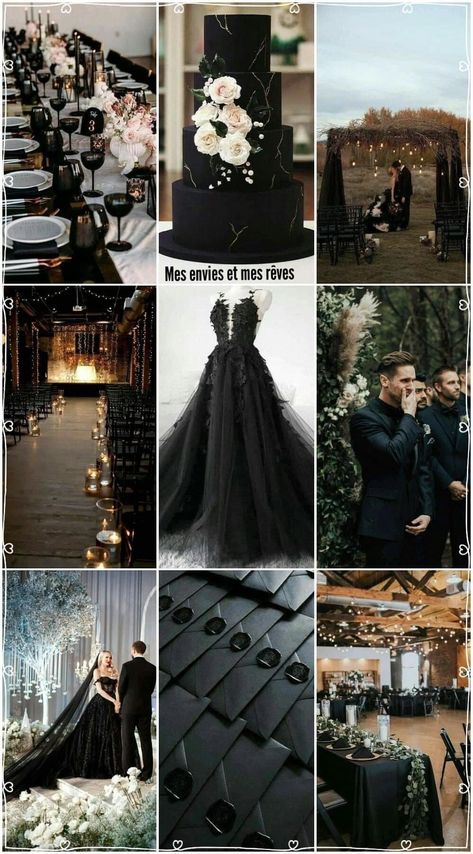 Black Wedding Styles, Country Meets Goth Wedding, Dark Elegant Wedding Theme, Black Spooky Wedding, Black Altar Wedding, Black Themed Wedding Ideas, Black Wedding Dress Color Scheme, Woodsy Gothic Wedding, Small Black Wedding Ideas