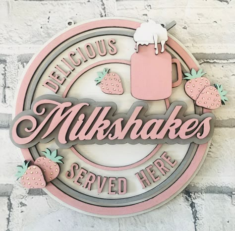 Beautiful retro milkshake signs at http://www.etsy.com/uk/shop/vintagelacecottage  These 20cm retro milkshake signs are a perfect accessory for a playroom, shop, kitchen etc. These are hand painted to your choice of colours, please message me to discuss in detail if you want certain colours or add a note with your order. Please have a look at my range of other retro food items as they can all be made to match your colour scheme. Please see my range of other retro food signs in my retro signs category x Retro Food Truck, Cute Cafe Sign, Small Ice Cream Shop Design, Milkshake Logo Design Ideas, Retro Coffee Shop, Vintage Ice Cream Shop, Retro Ice Cream Shop, Retro Milkshake, Retro Milkshake Bar