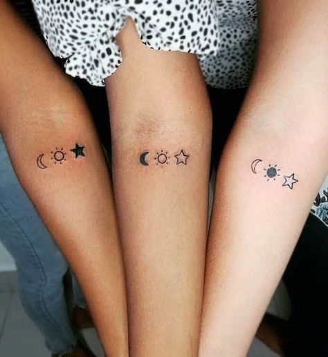 Sun Moon Star Family Tattoo, Heart Moon And Stars Tattoo, Sister Tattoos For 3 Sun Moon Star, Moon Star Sun Tattoo Meaning, Moon And Star Sister Tattoo, Mother Daughter Tattoos Sun Moon Stars, Moons And Star Tattoo, The Sun The Moon The Stars Tattoo, Sun Moon And Stars Sister Tattoo