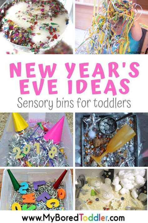 New Year's Eve Sensory Bins for Toddlers New Years Eve Toddler, New Years Preschool, New Years Activities For Kids, Noon Years Eve, New Years Theme, Sensory Bins For Toddlers, New Years Crafts, Sensory Bin Play, New Year's Eve Crafts