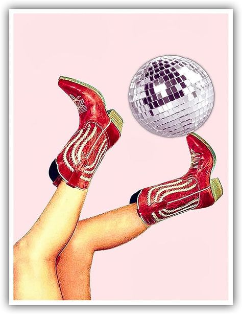 Wall Art Cowgirl Boots Print Canvas Fun Trendy Wall Art Retro Pink Room Aesthetics Girly Wall Decor Girls Room Living Room Bedroom Decor 16x24inch Unframed Vintage Disco Ball, Cowgirl Boots Print, Girly Wall Decor, Disco Ball Poster, Retro Disco Ball, Vintage Disco, Room Aesthetics, Pink Room, Disco Ball