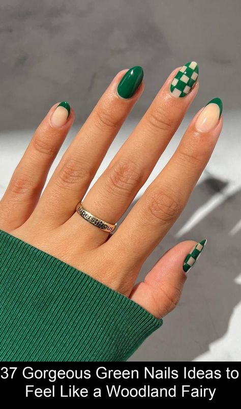 Green with envy yet, dolls? Green Short Nails With Design, Short Cute Green Nails, Cute Grey Nail Designs, Dark Green Nails Summer, Almond Shape Green Nails, Short Matte Nails Design Ideas, Emerald Green And Blue Nails, Forest Green Nails Short, Kelly Green Nails Design