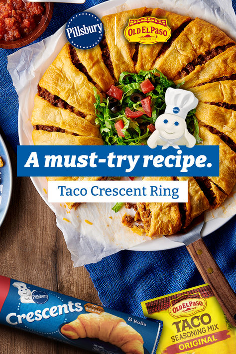 A dinner recipe that's too delicious not to make? You've found it! This Taco Crescent Ring combines the ease of Pillsbury Crescent Rolls and Old El Paso Taco Seasoning in one delicious recipe. Add to your grocery list and let the fun begin. Crescent Taco, Crescent Roll Taco Ring, Taco Crescent Ring, Taco Ring Recipe, Crescent Rings, Crescent Ring Recipes, Taco Roll, Taco Ring, Crescent Ring