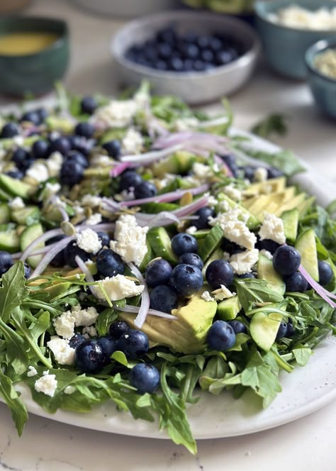 The BEST Blueberry Salad with Avocado, Perfect for Summer - The Delicious Life Blueberry Recipes Salad, Blueberry Corn Salad, Blueberry Dinner Recipes, Savory Blueberry Recipes Dinners, Blackberry Salad Recipes, Blueberry Lunch Recipes, Super Salads Recipes, Salads With Blueberries, Blueberry Goat Cheese Salad