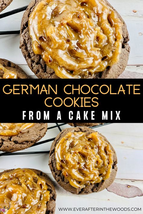 Cake Mix Cookies - German Chocolate Cookie with Pecan Coconut Icing German Chocolate Cookies Crumbl, German Chocolate Cookies From Cake Mix Recipes, Crumbl German Chocolate Cookie Copycat, German Chocolate Cake Mix Ideas, German Chocolate Cookies Recipe, Chocolate Cake Cookies Recipe, German Chocolate Cookies From Cake, German Chocolate Cake Mix Recipes, Chocolate Fudge Cake Mix Cookies