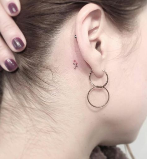 Flower Tattoo Behind Ear, Tiny Flower Tattoo, Rose Tattoo Behind Ear, Behind The Ear Tattoos, Tiny Flower Tattoos, Small Neck Tattoos, Tattoo Behind Ear, G Tattoo, Ear Tattoos