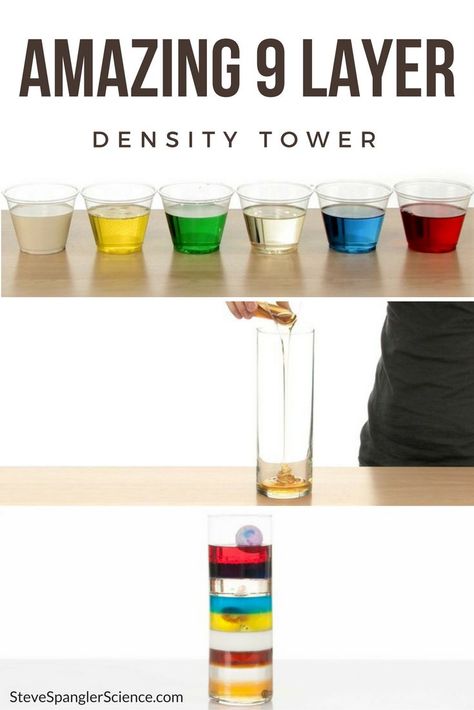 Amazing 9 Layer Density Tower – SICK Science! Density differences cause objects to “float” in liquids that are already stacked on top of each other. Science Experiments For Middle School, Density Tower, Middle School Projects, Steve Spangler Science, Science Camp, At Home Science Experiments, 6th Grade Science, Cool Science Experiments, Science Fair Projects