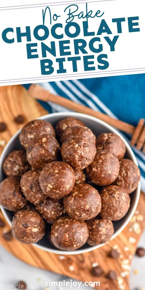 These Chocolate No Bake Energy Bites are a delicious, easy snack! They taste like a treat but are packed with nutrition to give you that boost of energy you need. Energy Balls Without Chocolate Chips, No Bake Protein Brownie Bites, Oat Balls Healthy No Bake Energy Bites, Healthy Bites No Bake, Butterscotch Energy Balls, Protein Balls Without Chocolate Chips, Easy Energy Balls No Bake, Power Balls Recipe Energy Bites, Protein Balls Chocolate