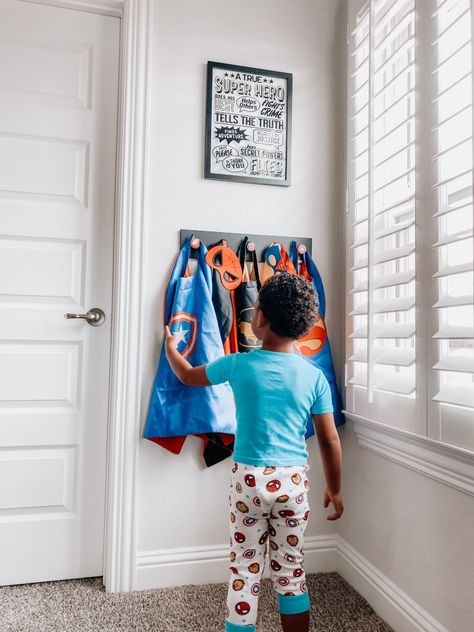 superhero capes Boho Superhero Room, Neutral Super Hero Bedroom, Superhero Themed Room, Toddler Boy Room Superhero, Neutral Superhero Bedroom, Vintage Superhero Bedroom, Kids Superhero Bedroom, Boys Marvel Bedroom Ideas, Superhero Toddler Room