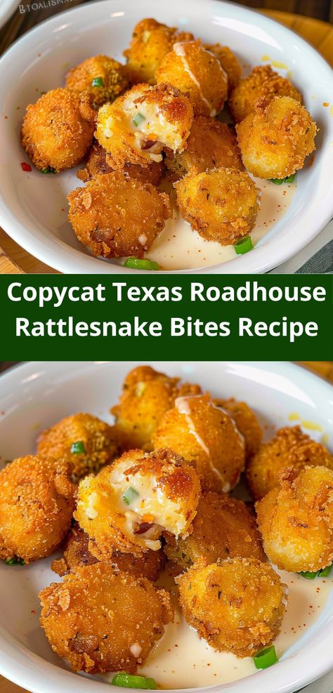 Homemade Texas Roadhouse Rattlesnake Bites. Cheesy, spicy, and simple! Rattle Snake Bites, Rattlesnake Bites Recipe, Texas Roadhouse Rattlesnake Bites, Texas Roadhouse Recipes, Copycat Texas Roadhouse, Rattlesnake Bites, Cheesy Appetizer, Rattle Snake, Spicy Cheese