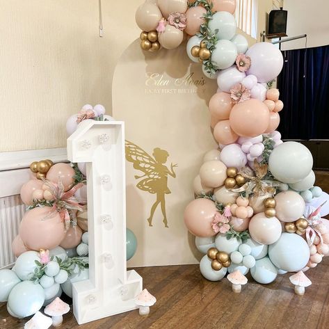 Fairy Theme Bday Party, Fairy Dust Birthday Party, 1st Themed Birthday Party Ideas, Fairies First Birthday Party, Enchanted Forest Theme 1st Birthday, Fairy Themed Birthday Decor, Fairy Birthday Party Balloons, Fairy Pastel Birthday Theme, Fairy Garden Balloon Arch