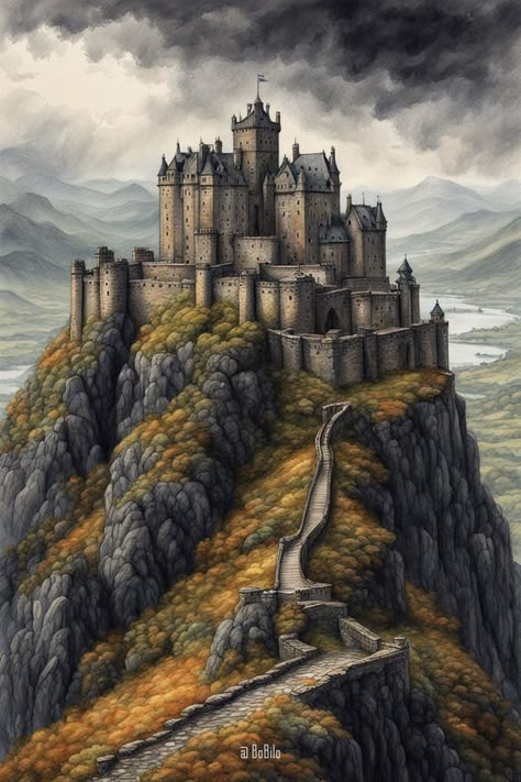 Digital Fantasy: Majestic Mountain Castles in the Clouds Mountain Fortress Fantasy Art, Castle In The Mountains Art, Dragon Castle Fantasy Art, Fantasy Fortress Concept Art, Mountain Kingdom Fantasy Art, Fantasy Mountain Castle, Fortress Aesthetic, Fantasy Castle Concept Art, Fortress Concept Art