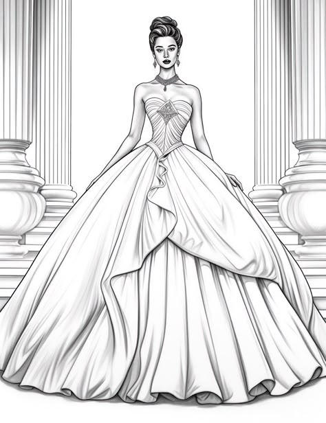 Colorful Princess Dress, Wedding Dress Coloring Pages, Dress Coloring Pages Fashion Designers, Designer Dresses Drawing Sketch, Princess Dress Drawing, Software Illustration, Wedding Dress Drawing, Dress Coloring Pages, Dresses Drawing