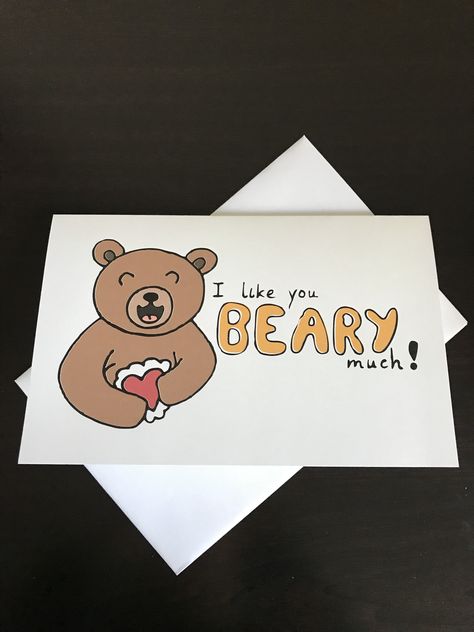 Nothing says “I like you” better than a punny love card with a cute teddy bear on it, perfect for giving to your significant other (or secret crush 😉). And...it ships for FREE! #midnightgracedesigns #etsy #etsyshop #etsyseller #etsysellersofinstagram #etsygifts #papergoods #greetingcards #cards #puns #teddybear #handmade #creative #designer #illustrator #illustration #freeshipping Bear Puns Cute, Card Ideas For Crush, Pun Cards For Boyfriend, Valentine Cards For Boyfriend, Bear Puns, Pun Cards, Flower Snowflake, Punny Puns, Chocolate Card