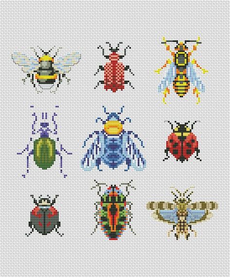 Cross Stitch Patterns Animals, Cross Stitch On Clothes, Bug Cross Stitch, Cross Stitch Flowers Pattern, Beetle Cross Stitch, Cross Stitch Butterfly, Flower Cross Stitch Pattern, Cross Stitch Flower, Butterfly Cross Stitch Pattern